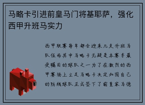 马略卡引进前皇马门将基耶萨，强化西甲升班马实力