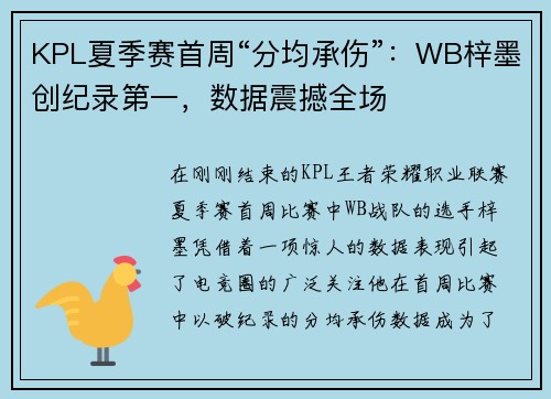 KPL夏季赛首周“分均承伤”：WB梓墨创纪录第一，数据震撼全场