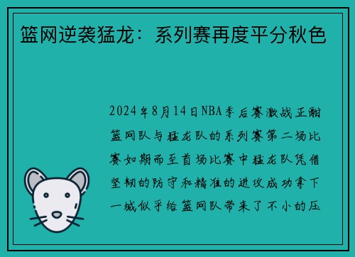 篮网逆袭猛龙：系列赛再度平分秋色