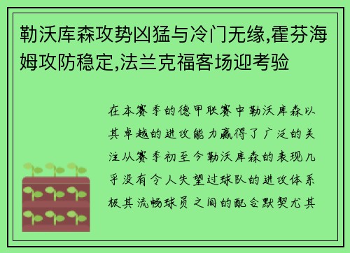 勒沃库森攻势凶猛与冷门无缘,霍芬海姆攻防稳定,法兰克福客场迎考验